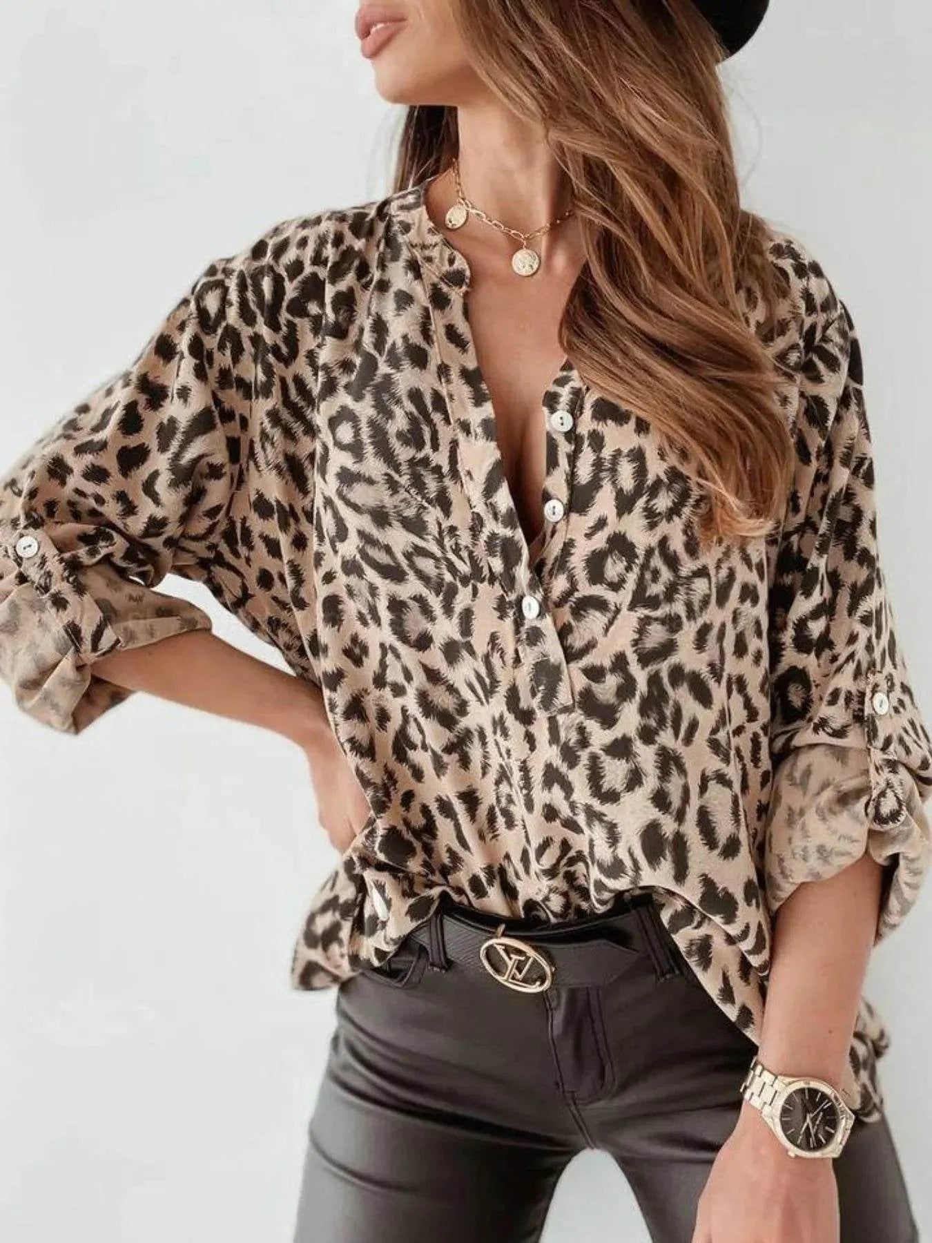 Ephirix™ Full Size Leopard Print Roll-Tab Sleeves Blouse Plus Size