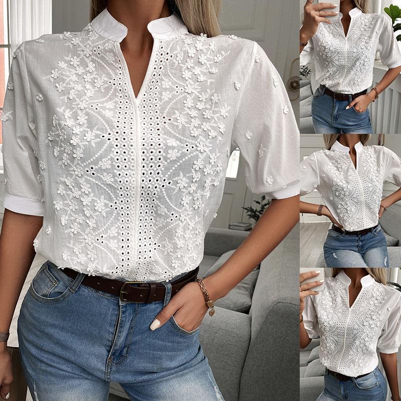 Ephirix™ V-neck Stand Collar Embroidery Lace Blouse Shirt
