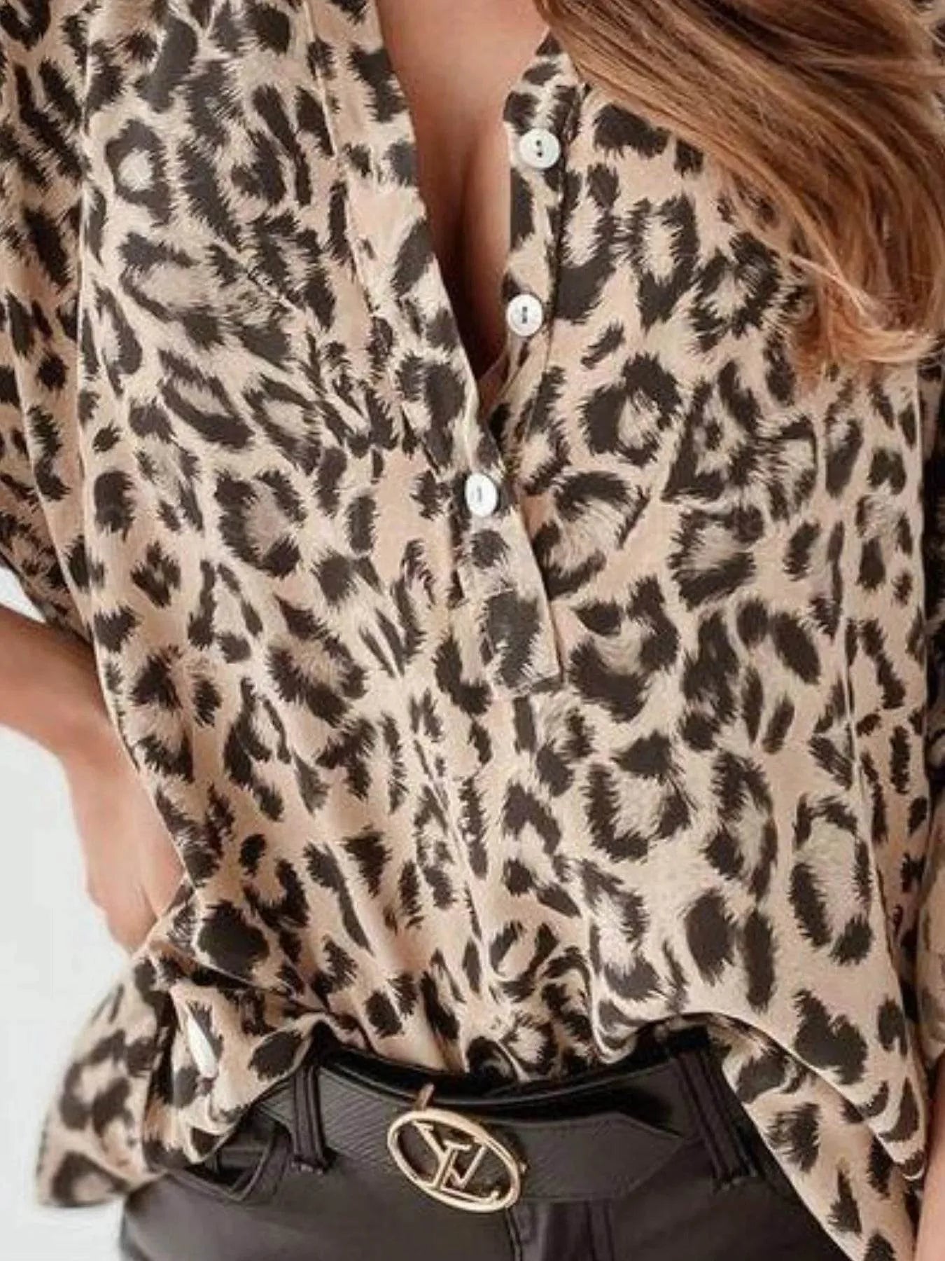 Ephirix™ Full Size Leopard Print Roll-Tab Sleeves Blouse Plus Size