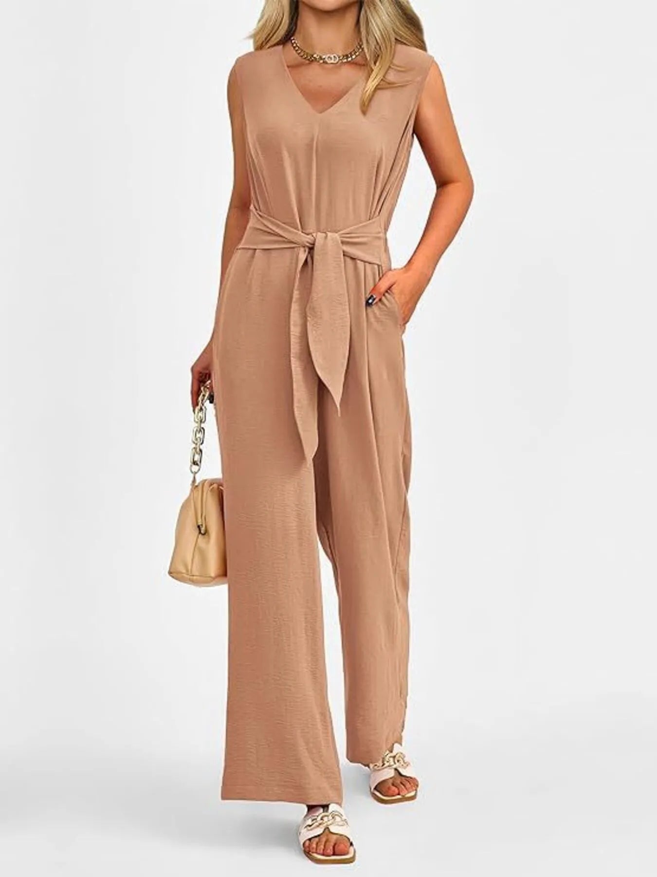 Ephirix™ V-Neck Sleeveless Wide-Leg Jumpsuit with Waist Tie