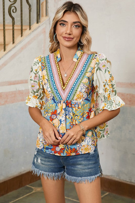 Ephirix™ Multicolor V Neck Half Sleeve Floral Shirt