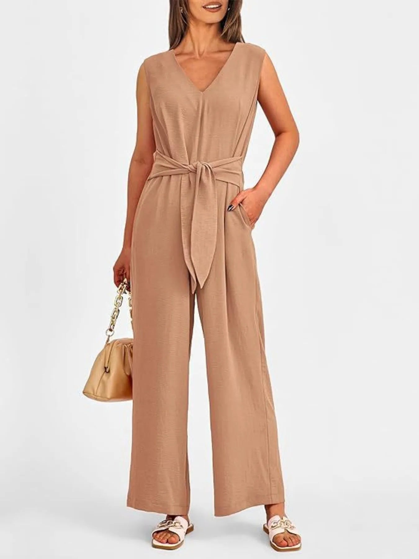 Ephirix™ V-Neck Sleeveless Wide-Leg Jumpsuit with Waist Tie