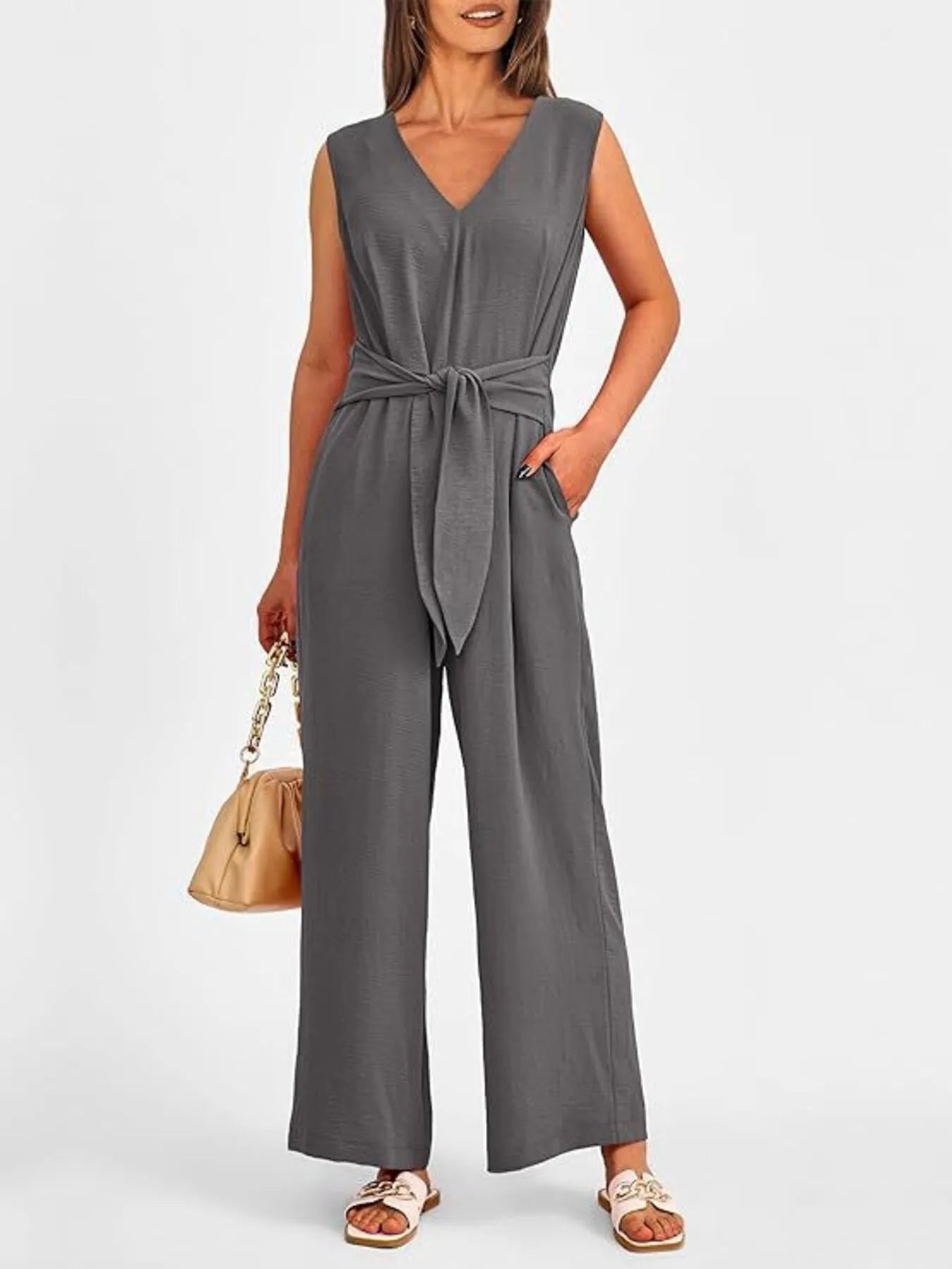 Ephirix™ V-Neck Sleeveless Wide-Leg Jumpsuit with Waist Tie