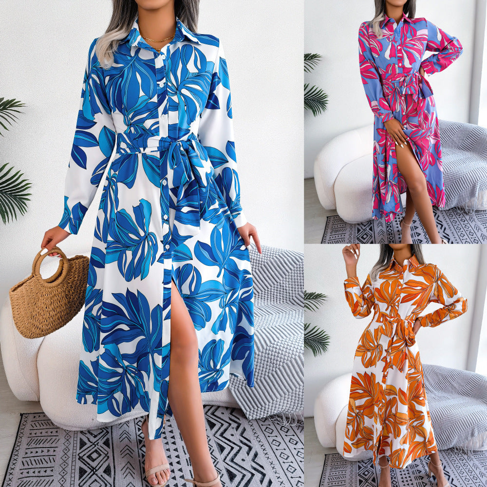 Ephirix™ Contrast Color Flower Lapel Tied Shirt Dress Long Skirt