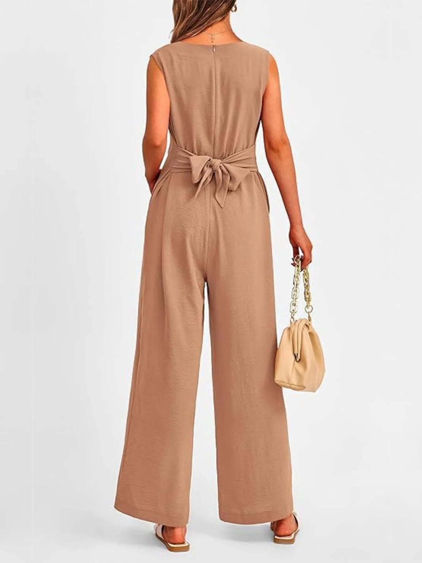Ephirix™ V-Neck Sleeveless Wide-Leg Jumpsuit with Waist Tie