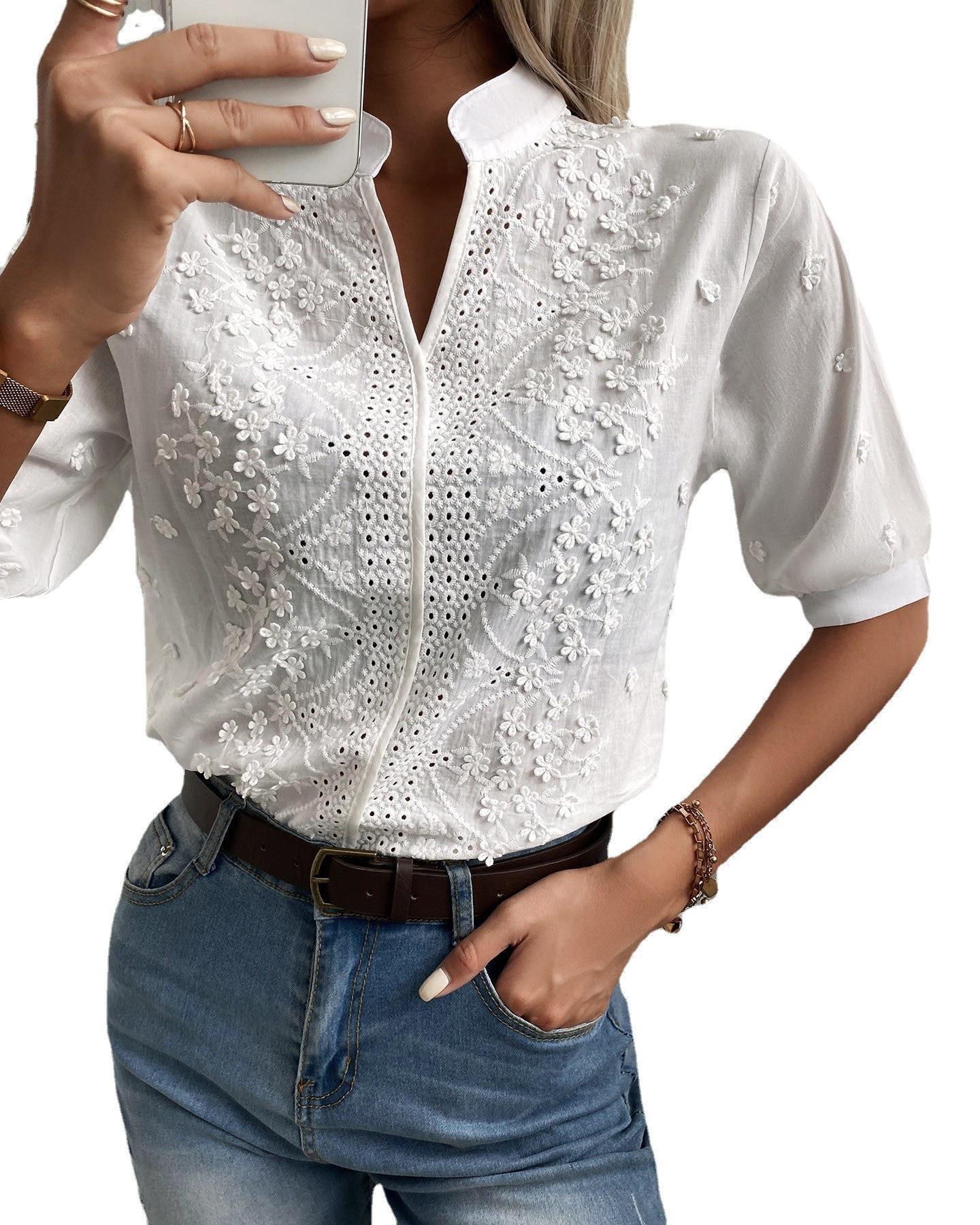 Ephirix™ V-neck Stand Collar Embroidery Lace Blouse Shirt