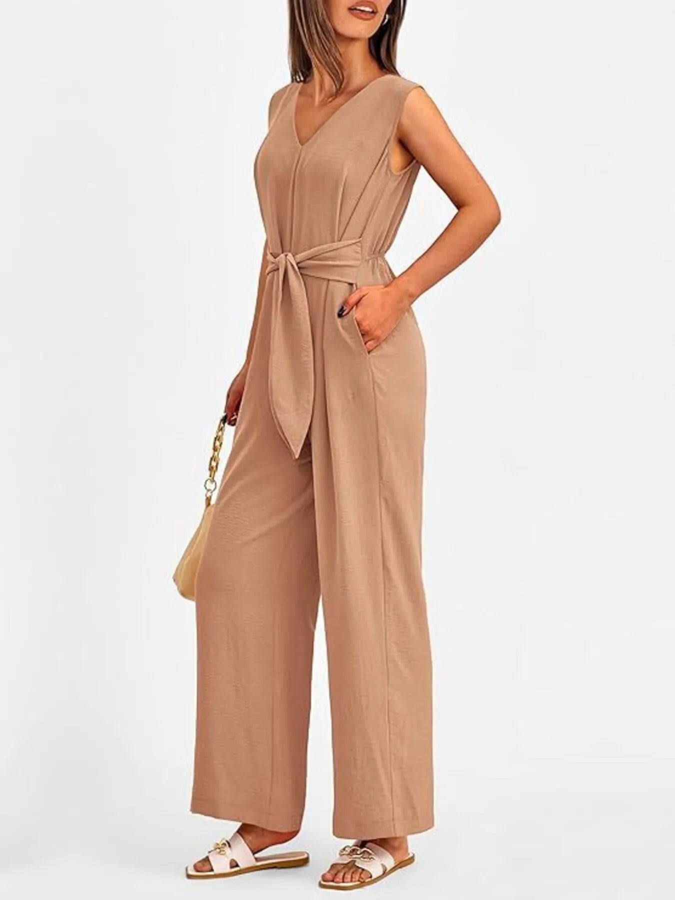 Ephirix™ V-Neck Sleeveless Wide-Leg Jumpsuit with Waist Tie
