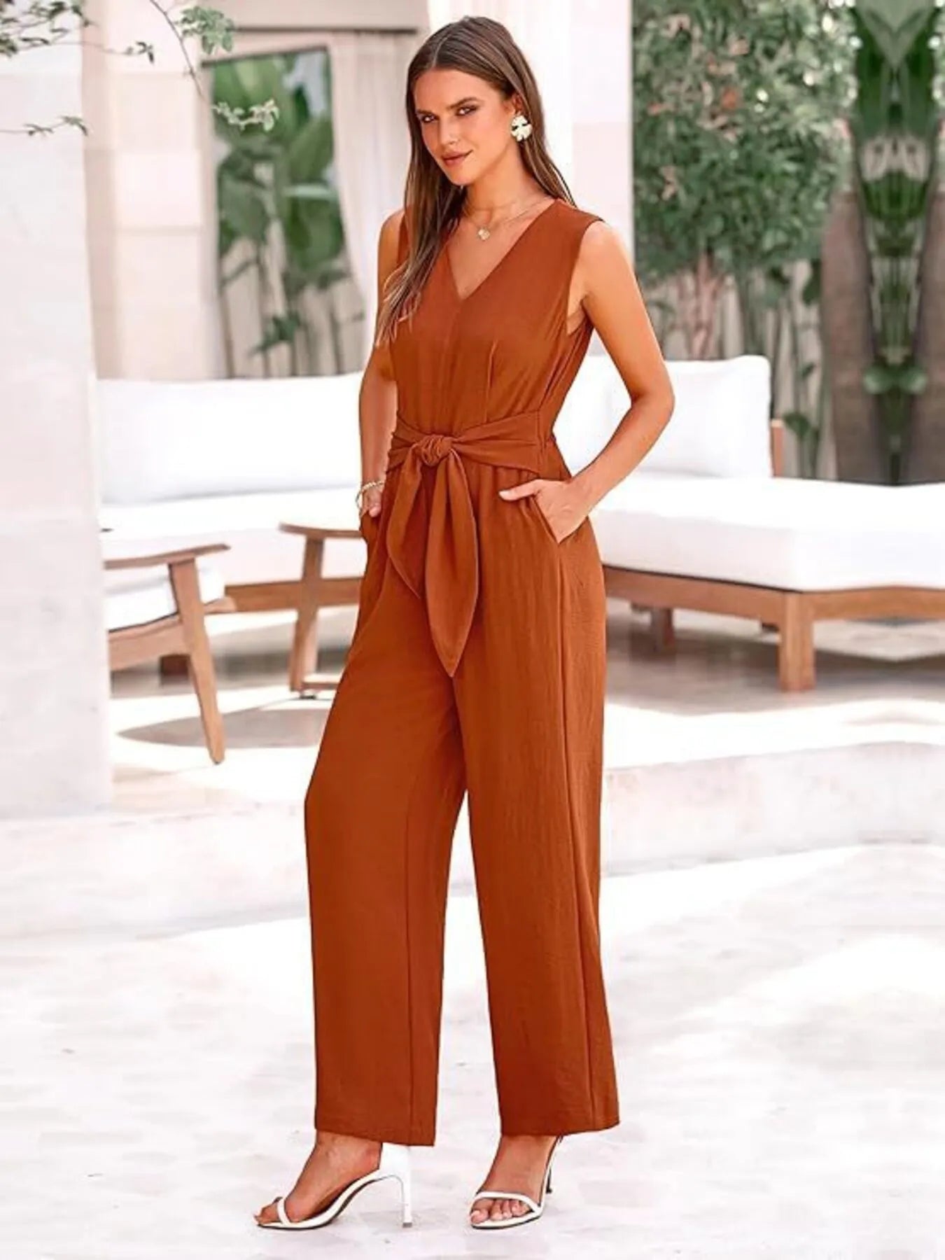 Ephirix™ V-Neck Sleeveless Wide-Leg Jumpsuit with Waist Tie