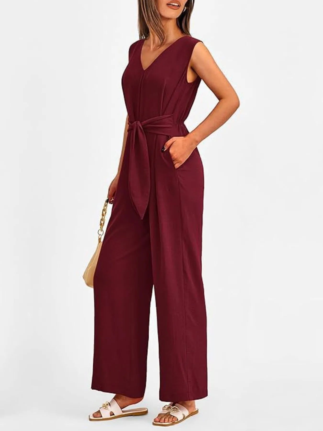 Ephirix™ V-Neck Sleeveless Wide-Leg Jumpsuit with Waist Tie