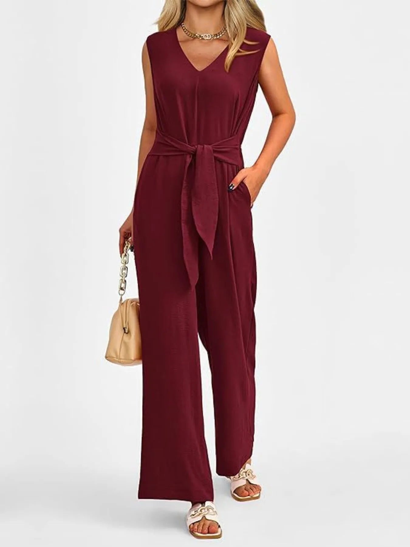 Ephirix™ V-Neck Sleeveless Wide-Leg Jumpsuit with Waist Tie