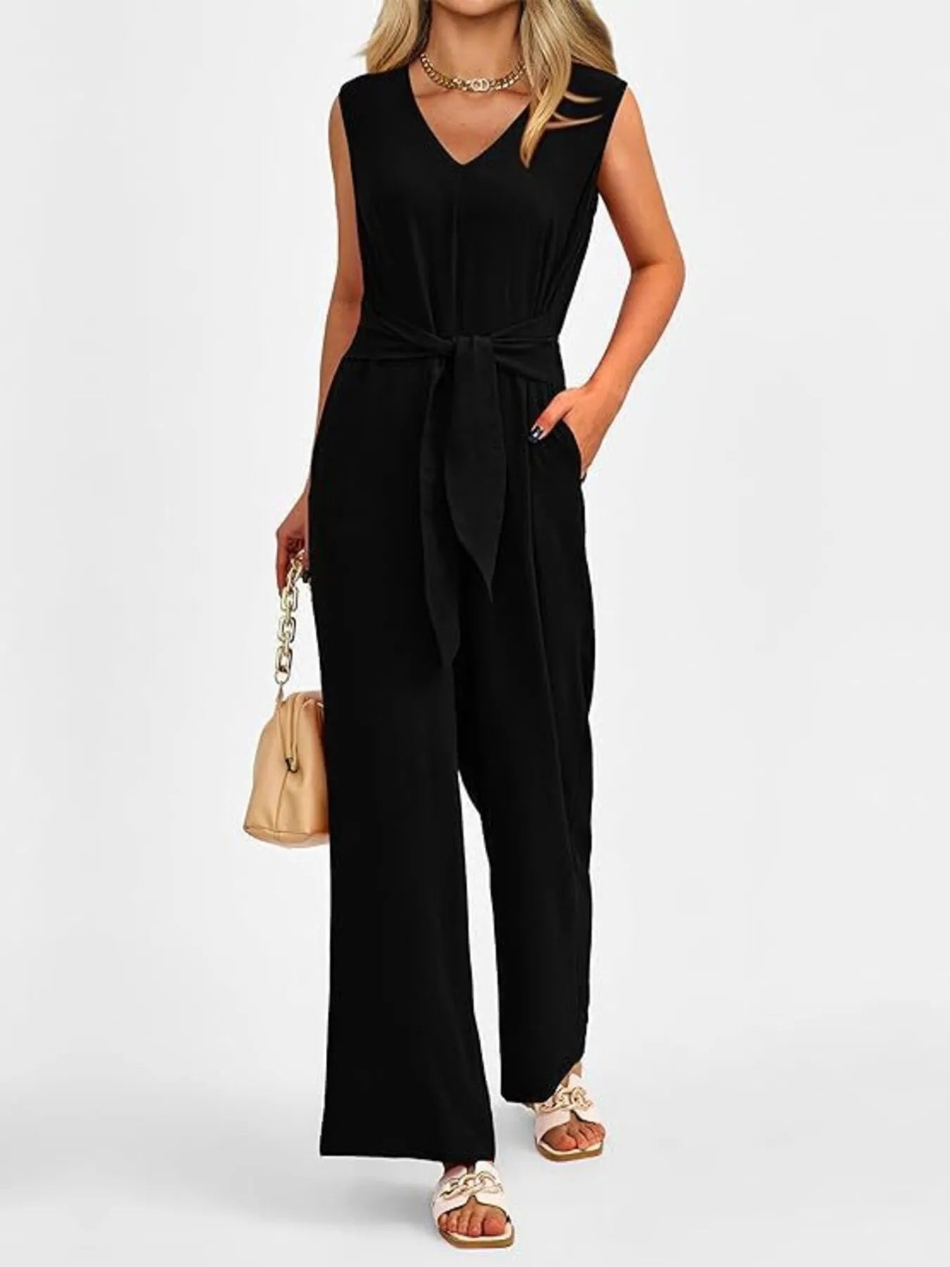 Ephirix™ V-Neck Sleeveless Wide-Leg Jumpsuit with Waist Tie