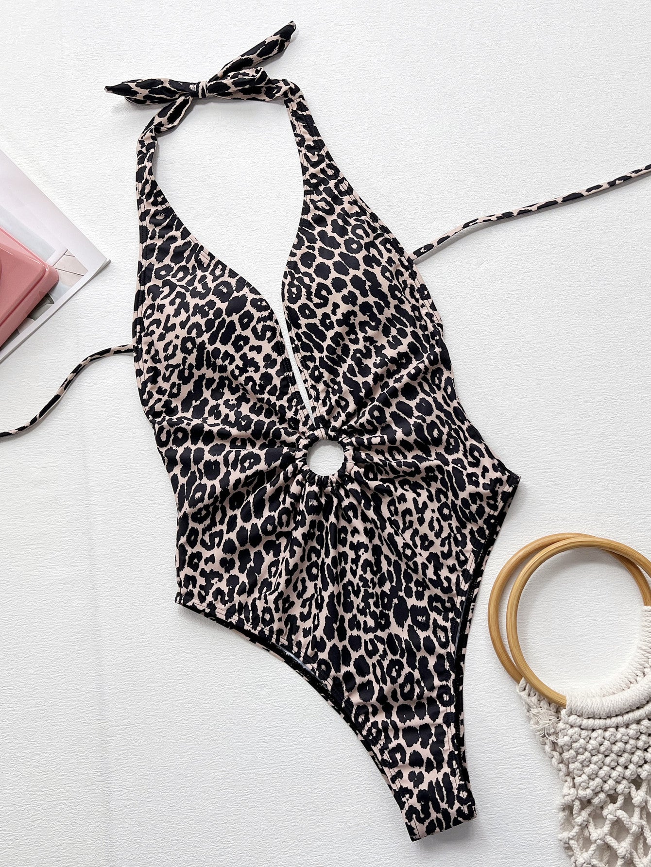 Ephirix™ Leopard Halter Neck Ring Detail One-Piece Swimsuit