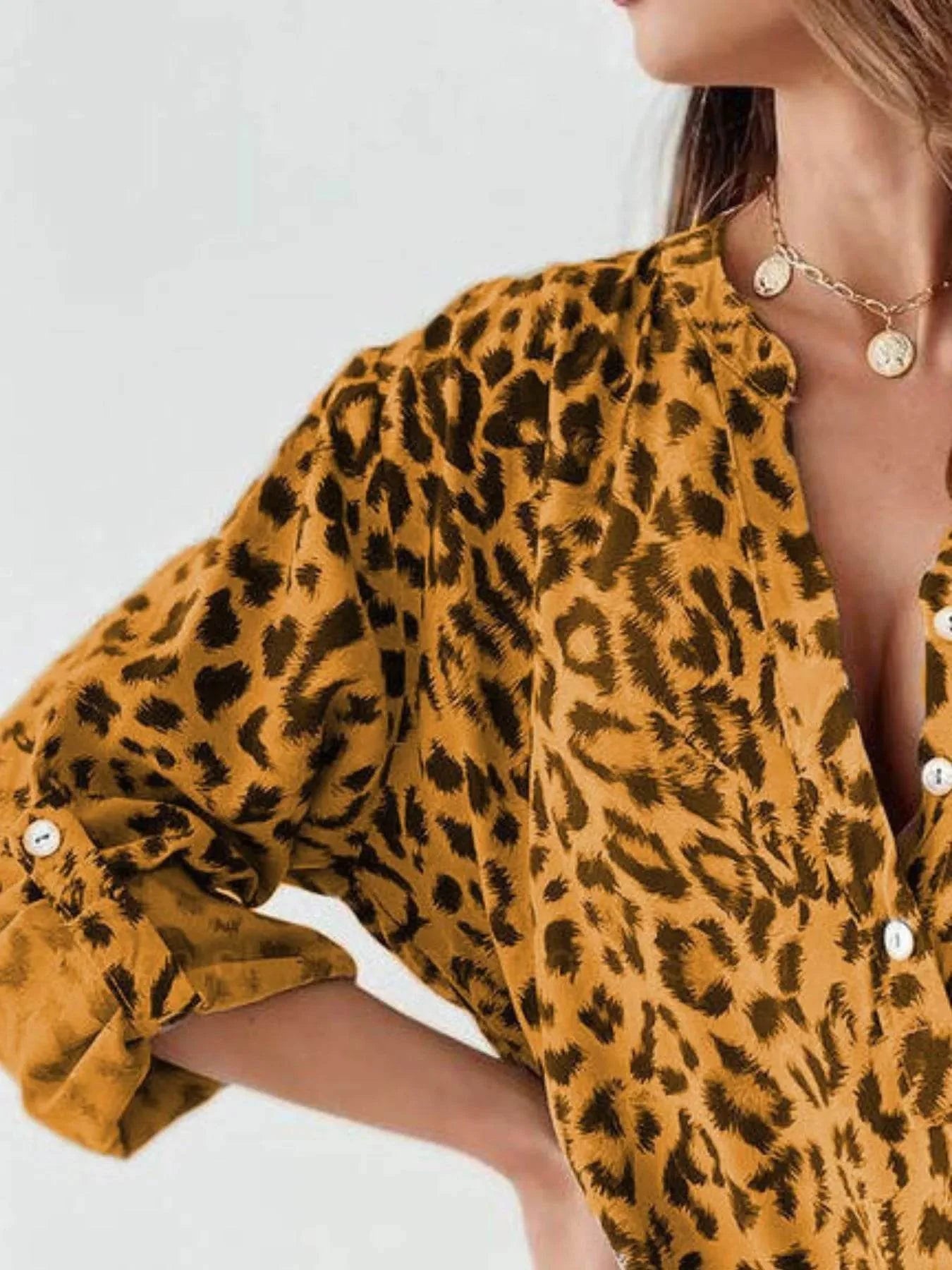 Ephirix™ Full Size Leopard Print Roll-Tab Sleeves Blouse Plus Size