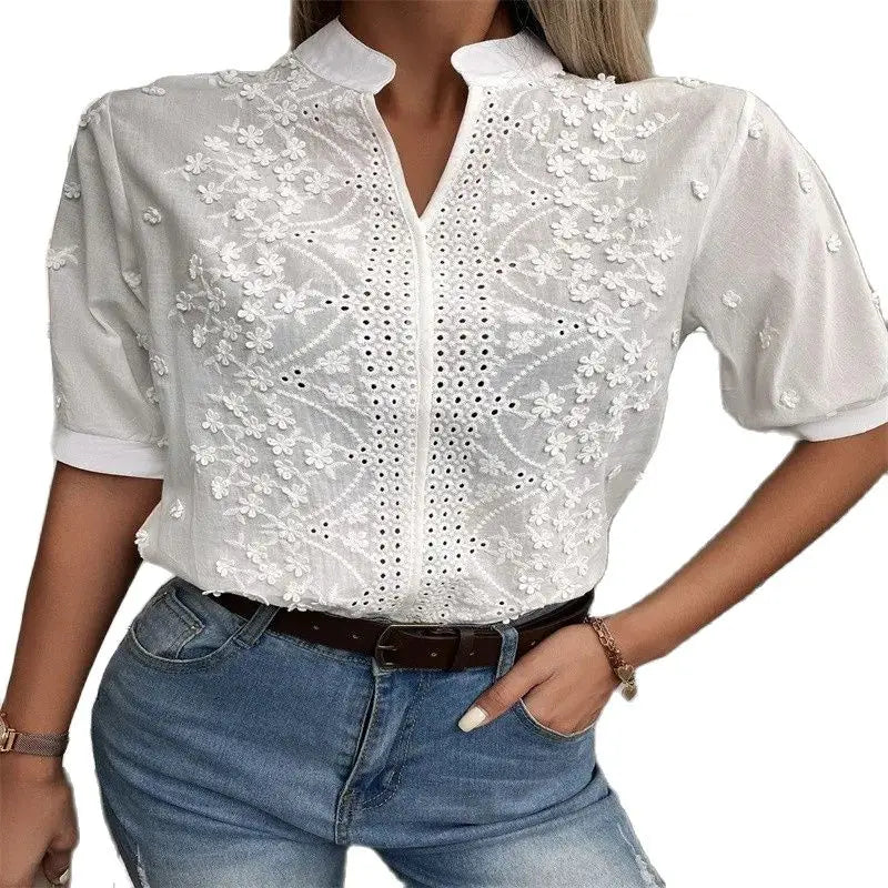 Ephirix™ V-neck Stand Collar Embroidery Lace Blouse Shirt
