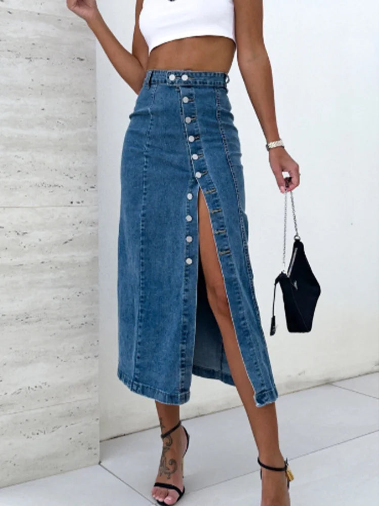 Ephirix™ Slit Button Up Midi Denim Skirt