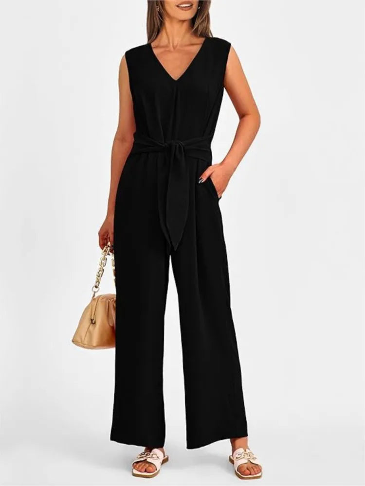 Ephirix™ V-Neck Sleeveless Wide-Leg Jumpsuit with Waist Tie