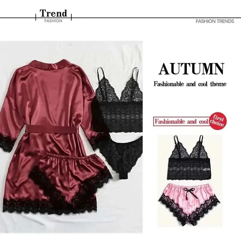 Ephirix™ Lace Satin 4-Piece Pajama Set