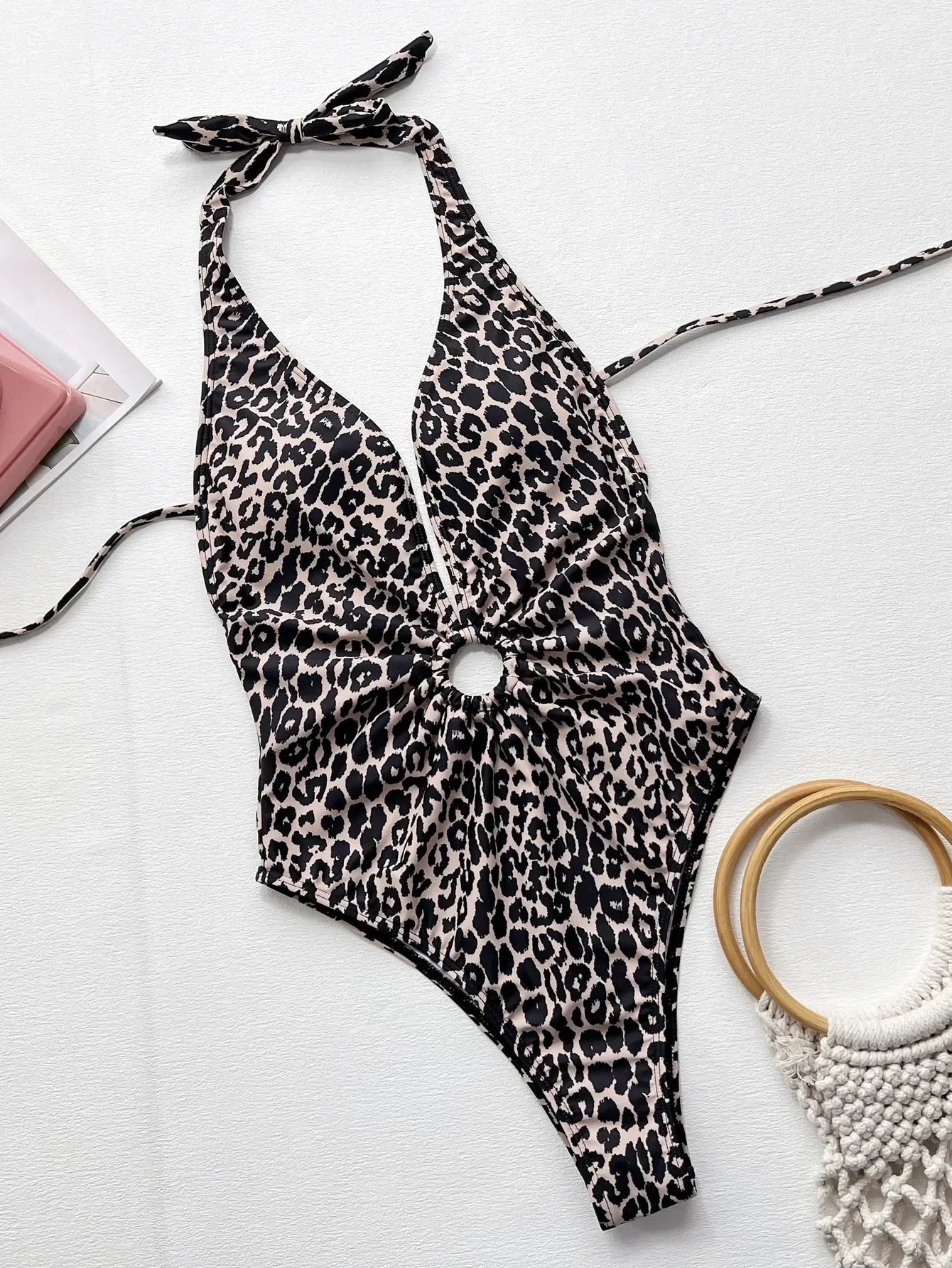 Ephirix™ Leopard Halter Neck Ring Detail One-Piece Swimsuit