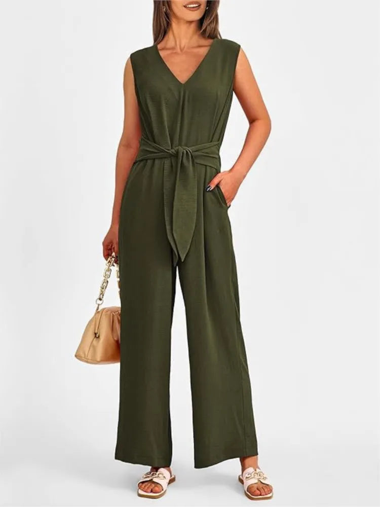 Ephirix™ V-Neck Sleeveless Wide-Leg Jumpsuit with Waist Tie
