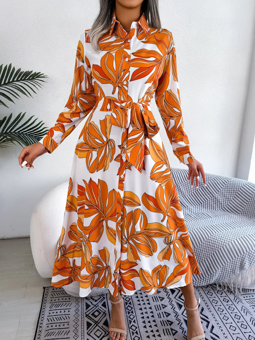 Ephirix™ Contrast Color Flower Lapel Tied Shirt Dress Long Skirt