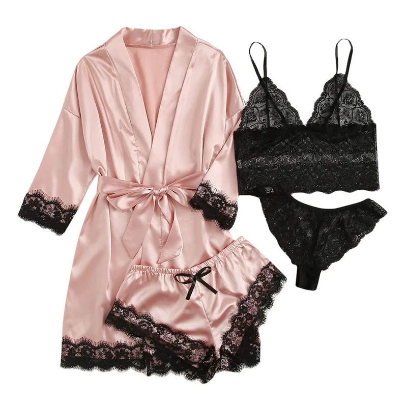 Ephirix™ Lace Satin 4-Piece Pajama Set