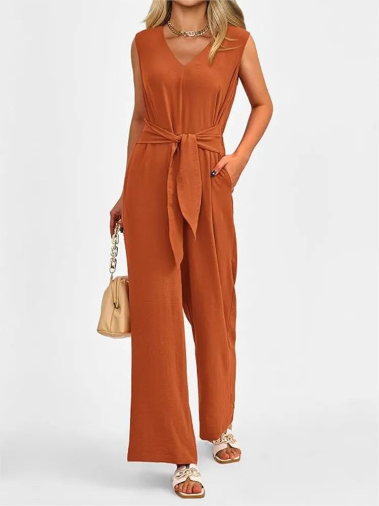 Ephirix™ V-Neck Sleeveless Wide-Leg Jumpsuit with Waist Tie