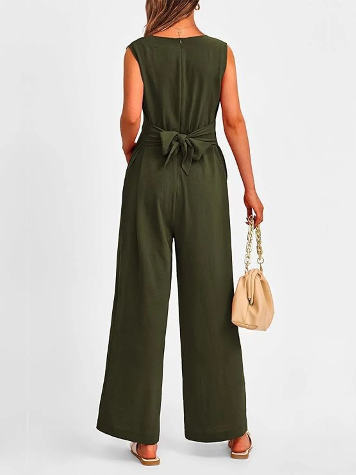 Ephirix™ V-Neck Sleeveless Wide-Leg Jumpsuit with Waist Tie