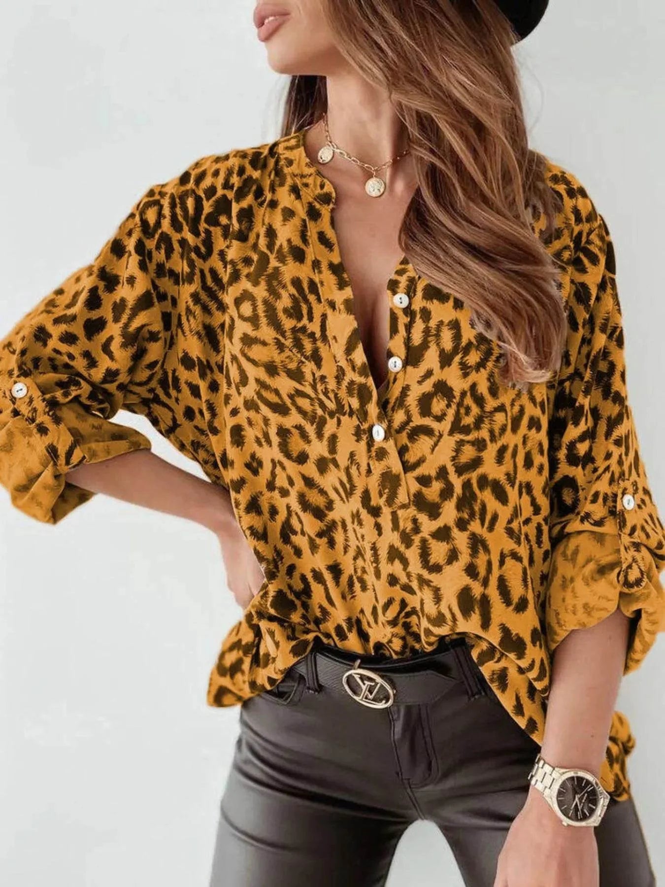 Ephirix™ Full Size Leopard Print Roll-Tab Sleeves Blouse Plus Size