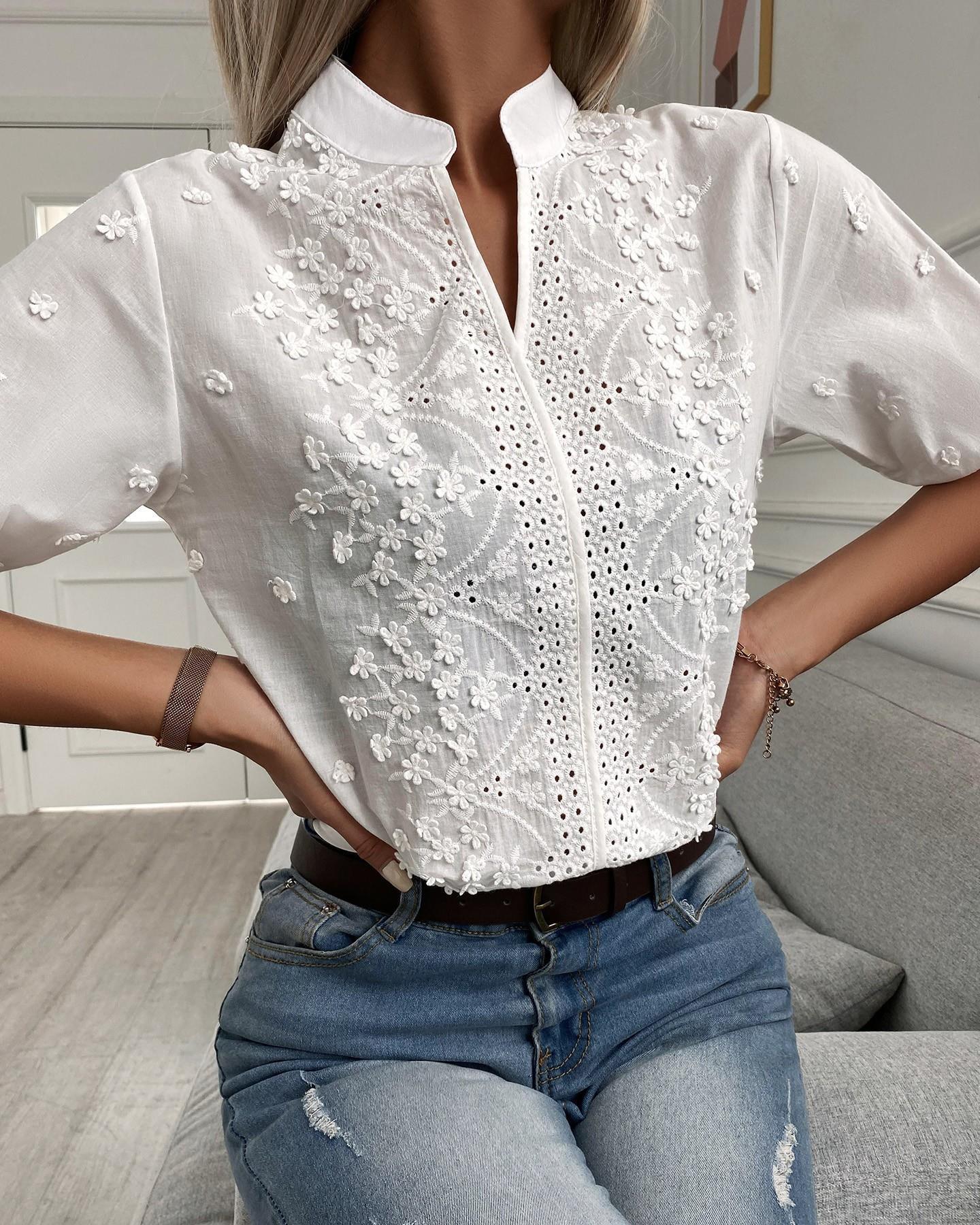 Ephirix™ V-neck Stand Collar Embroidery Lace Blouse Shirt