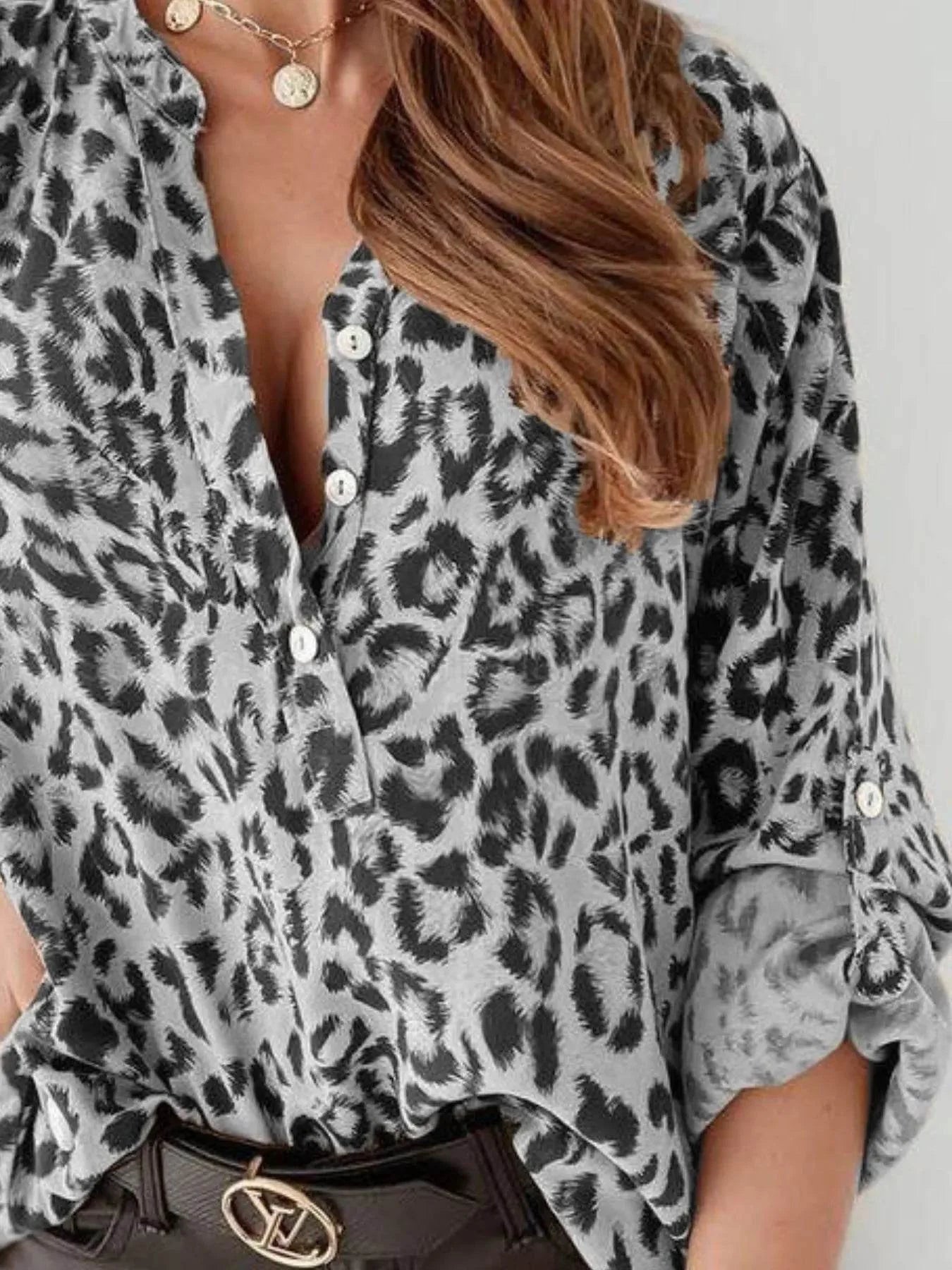 Ephirix™ Full Size Leopard Print Roll-Tab Sleeves Blouse Plus Size