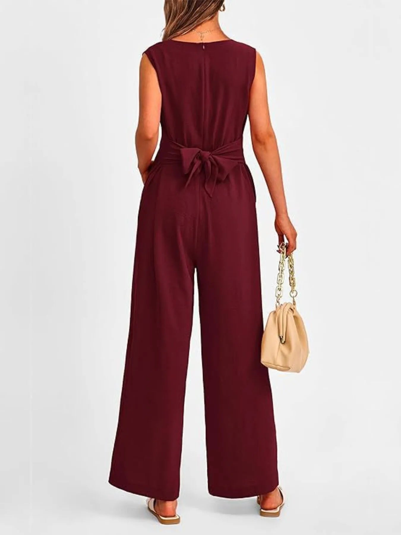 Ephirix™ V-Neck Sleeveless Wide-Leg Jumpsuit with Waist Tie