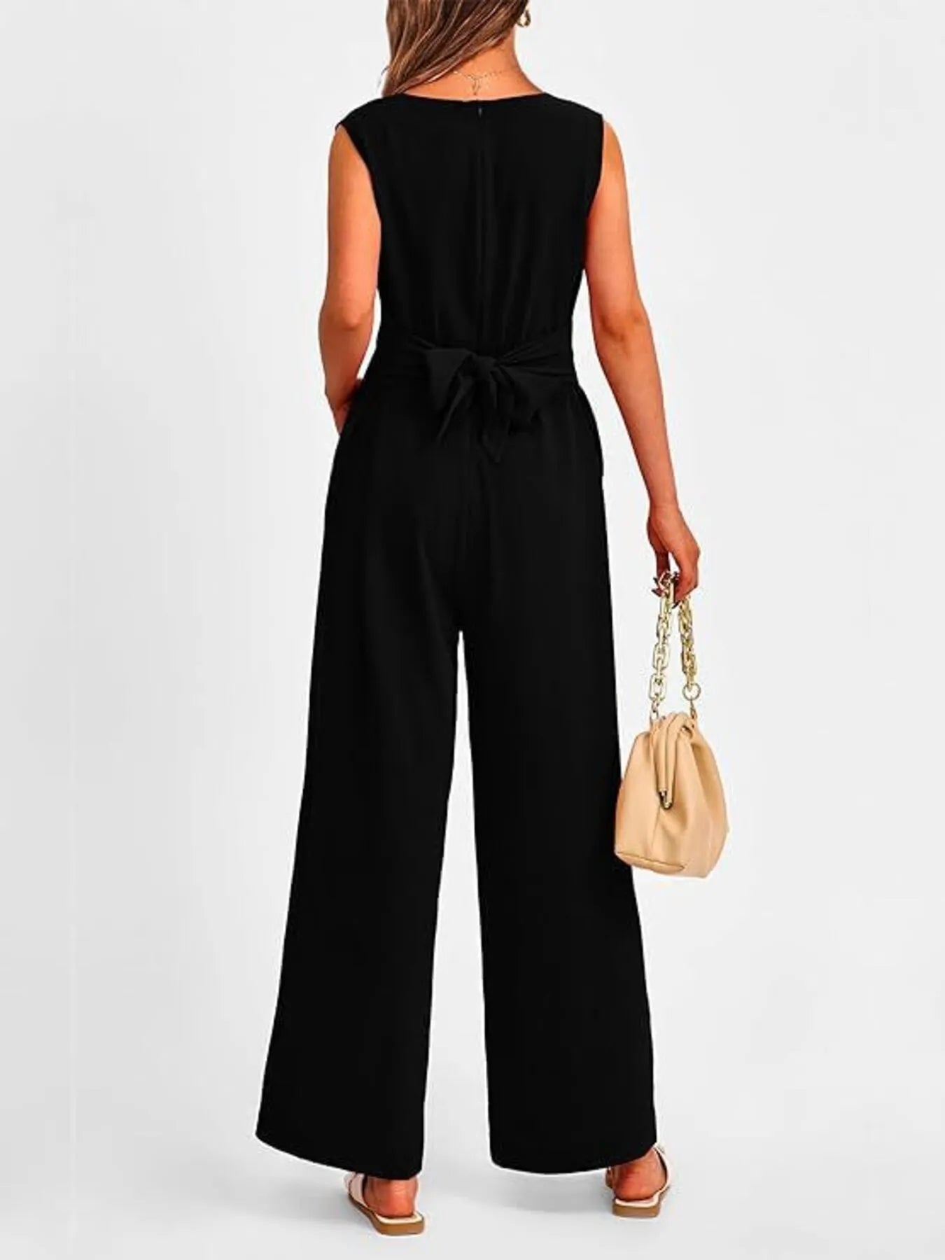 Ephirix™ V-Neck Sleeveless Wide-Leg Jumpsuit with Waist Tie