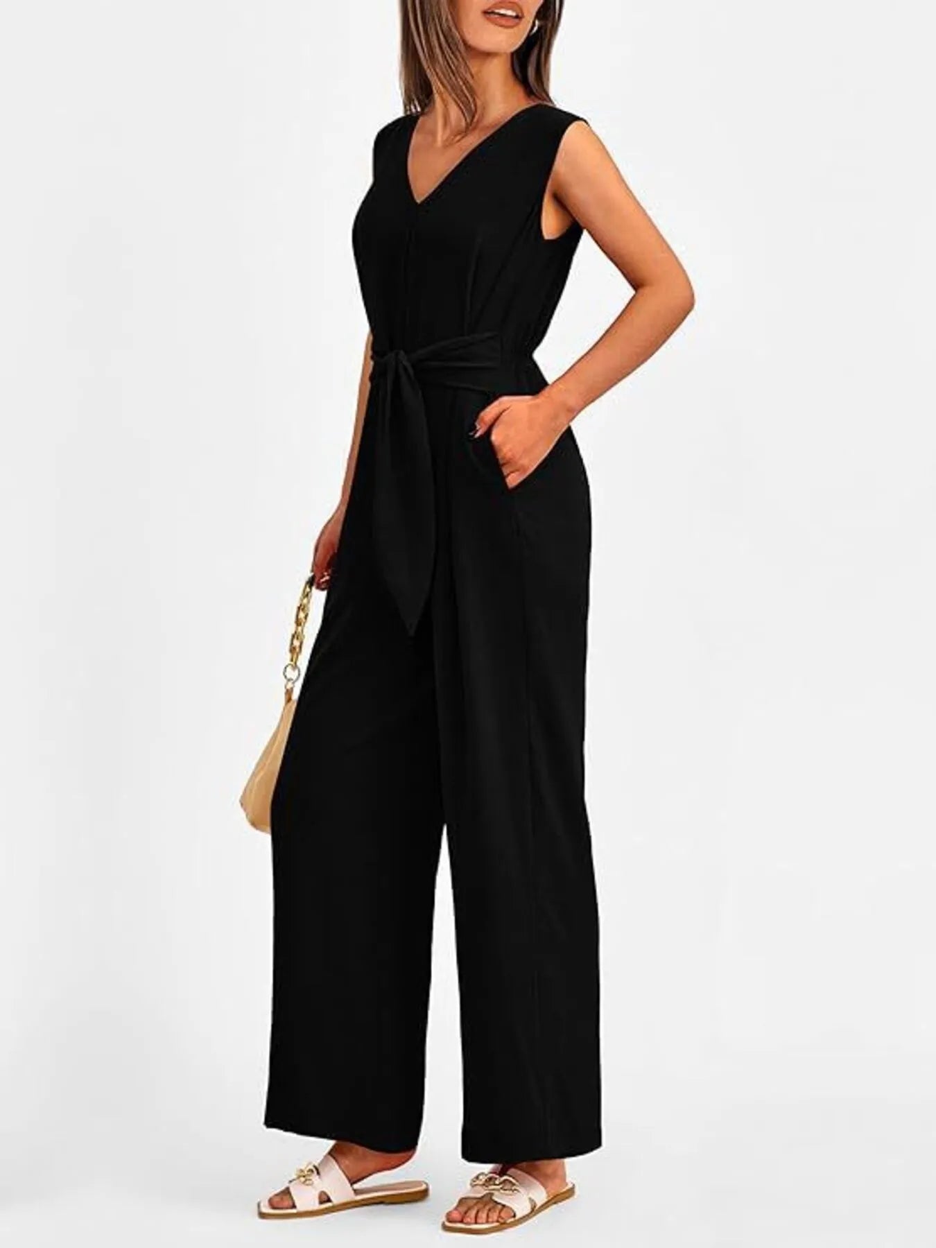 Ephirix™ V-Neck Sleeveless Wide-Leg Jumpsuit with Waist Tie