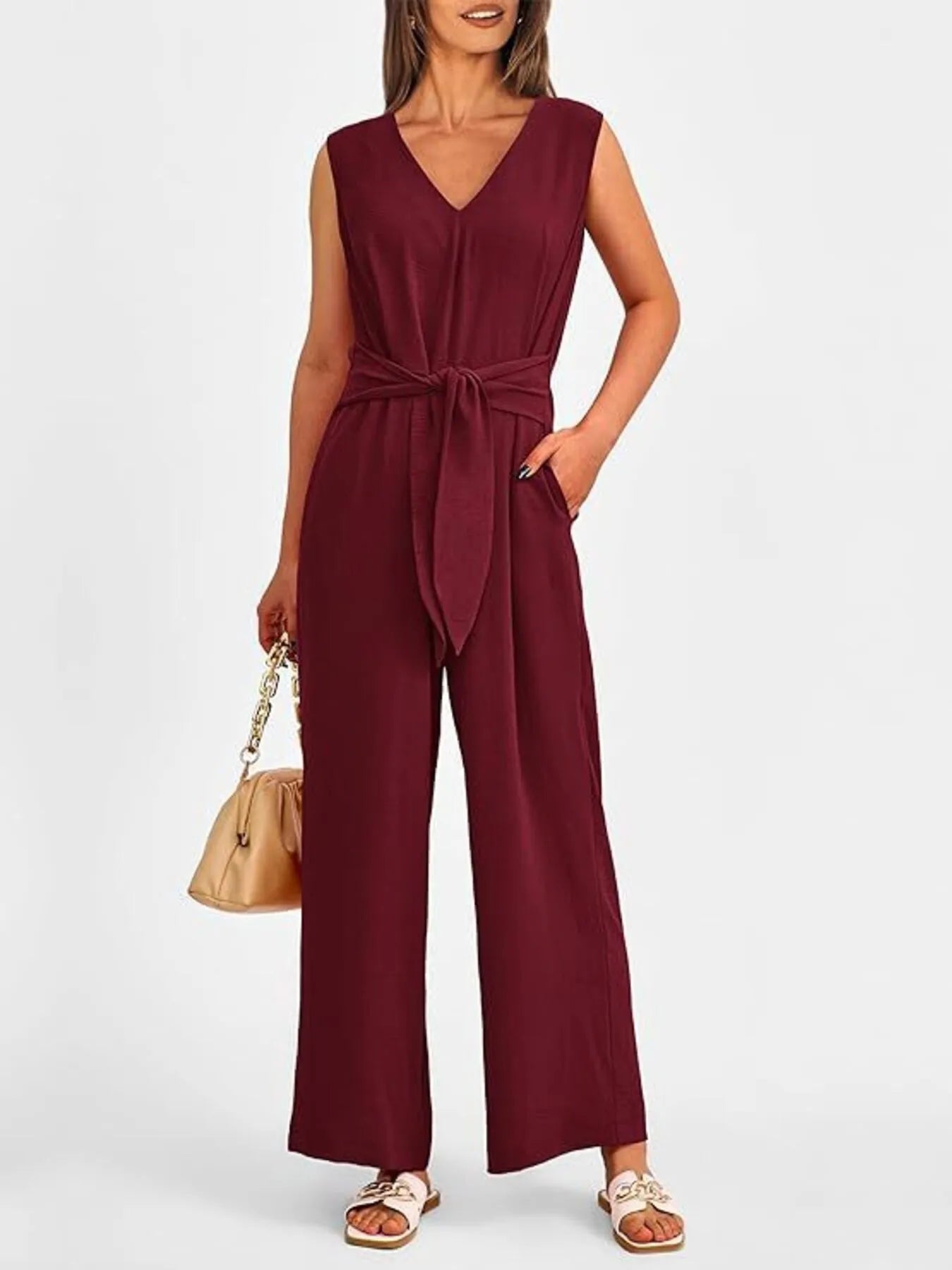 Ephirix™ V-Neck Sleeveless Wide-Leg Jumpsuit with Waist Tie