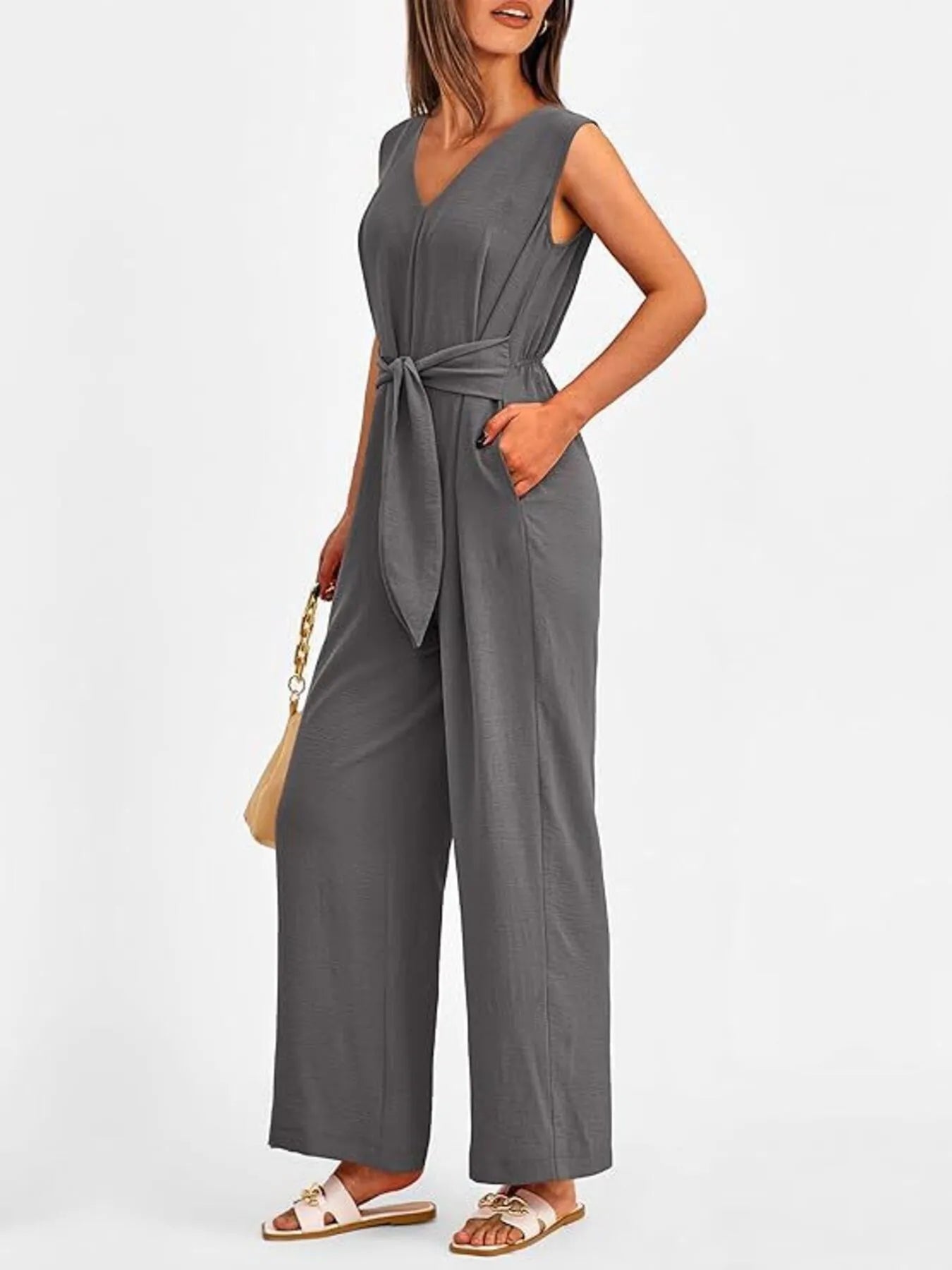 Ephirix™ V-Neck Sleeveless Wide-Leg Jumpsuit with Waist Tie