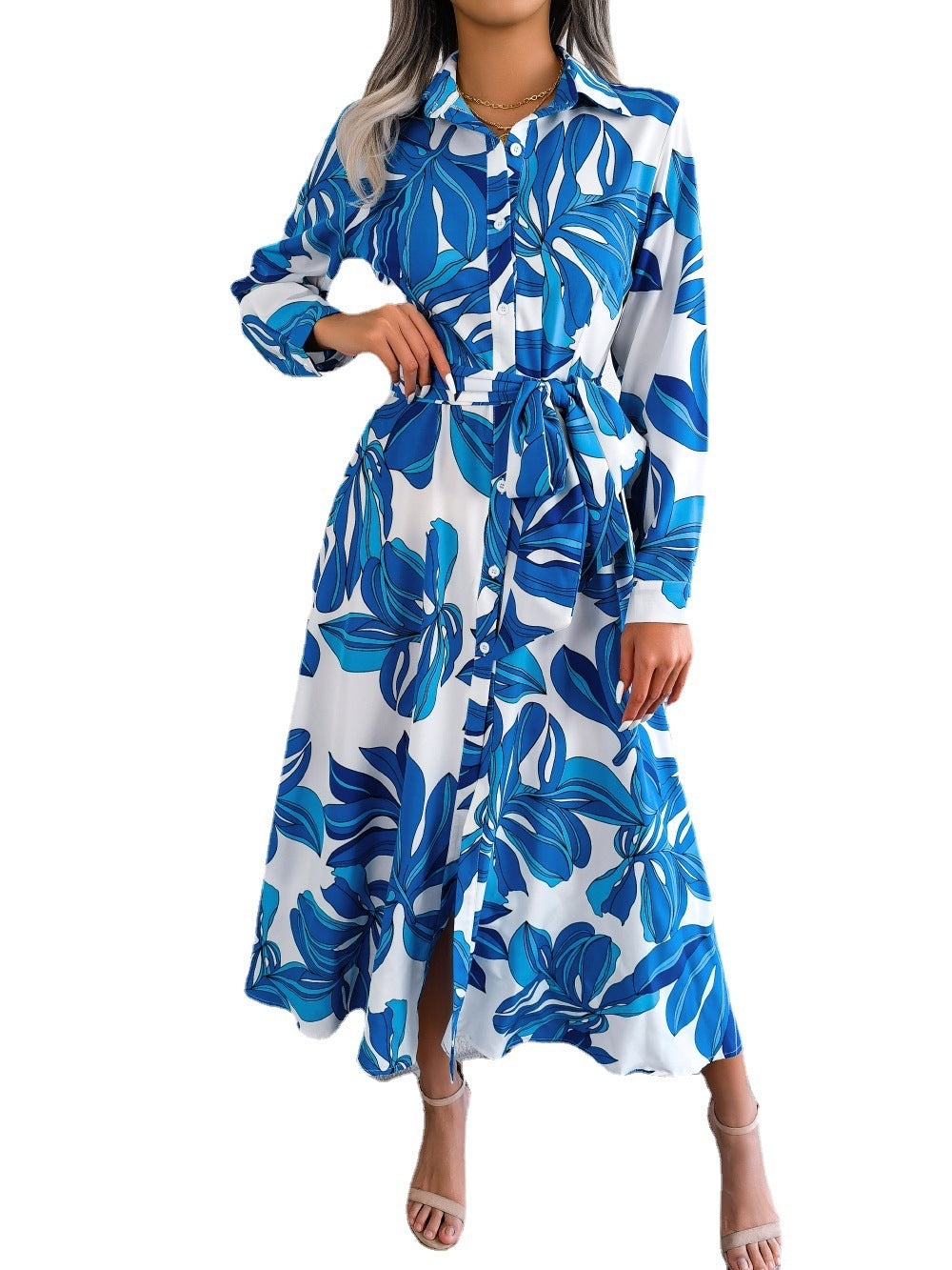 Ephirix™ Contrast Color Flower Lapel Tied Shirt Dress Long Skirt