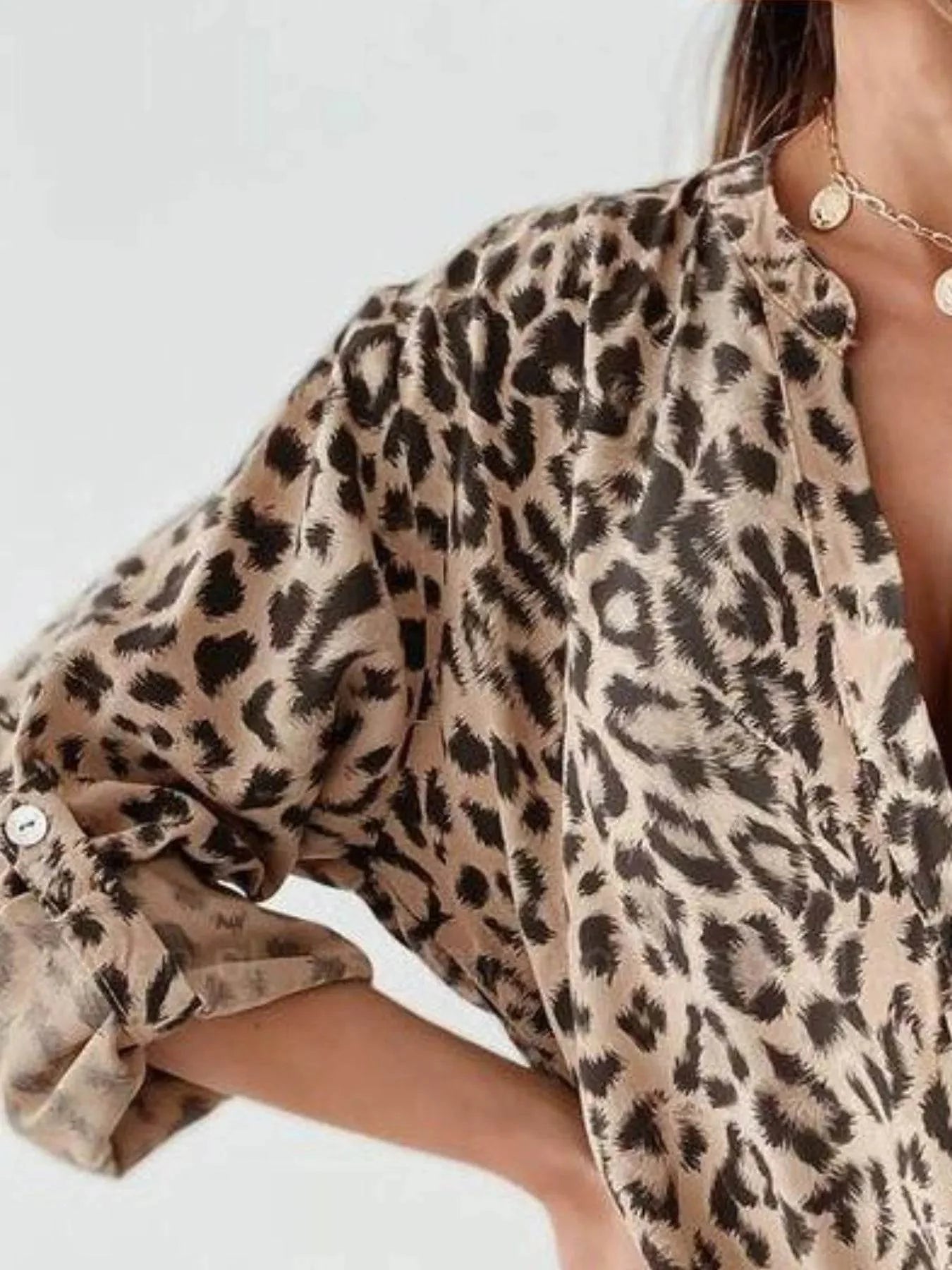 Ephirix™ Full Size Leopard Print Roll-Tab Sleeves Blouse Plus Size